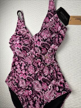 Simon Chang Black and Pink Paisley One-Piece Swimsuit